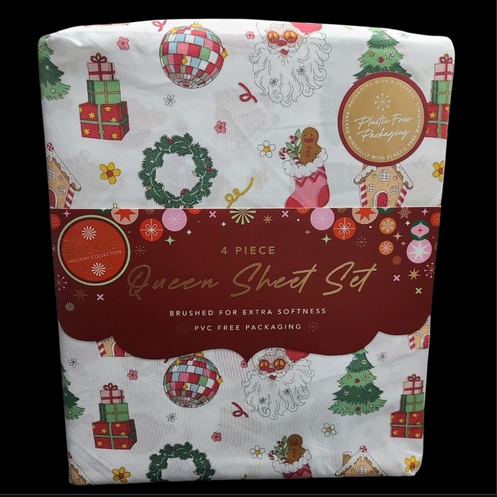 Envogue Queen Bed Sheet Set Christmas Reindeer Stockings Gingerbread Disco Ball